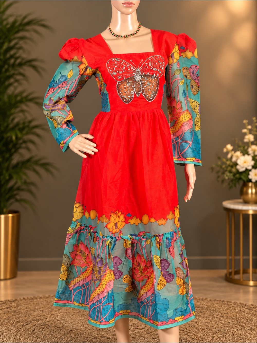 Red Butterfly Accent Midi Dress with Floral Sleeves